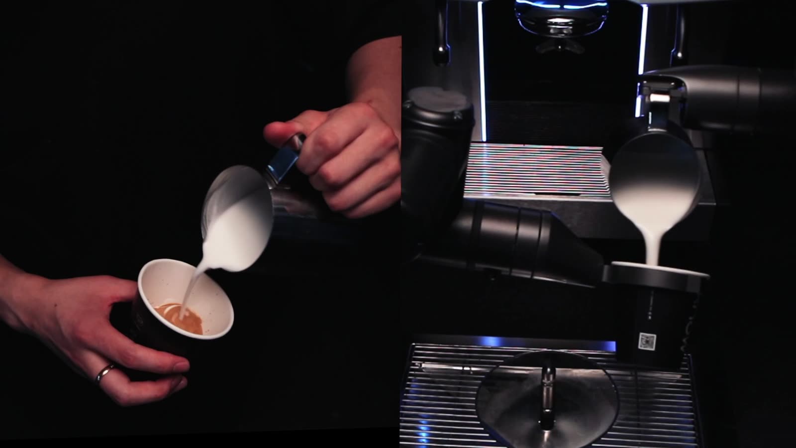 Split frame: a barista's hand pouring latte art on the left, a robotic arm pouring on the right